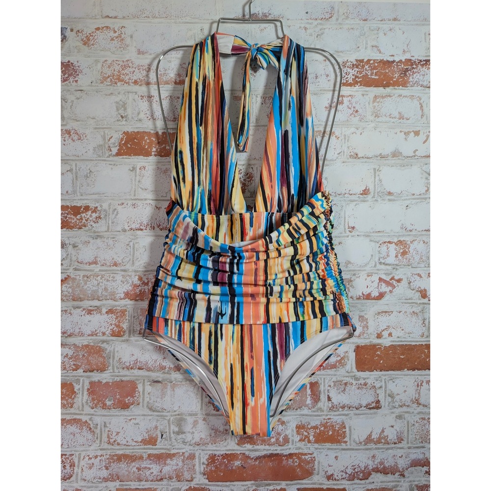 Lanmessy One Piece Swimsuit Womens M Multicolor Ruched Halter Plunge Neck